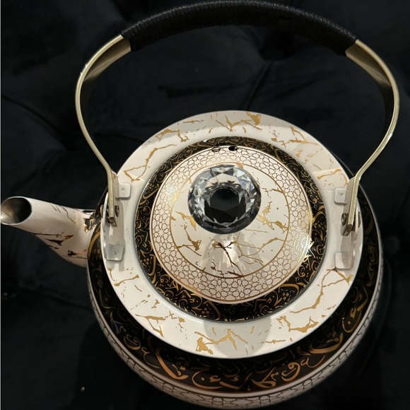 Ornate Unique Arabic Style Tea Kettle Black Cream Gold Patterned Vintage Look - Picture 14 of 16
